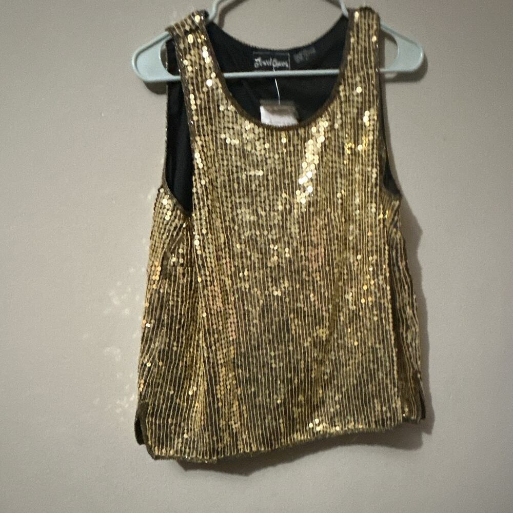 Jewel Queen Gold Sequin Woven Polyester Scoop Neck Tank Top Sleeveless L JJ-1491
